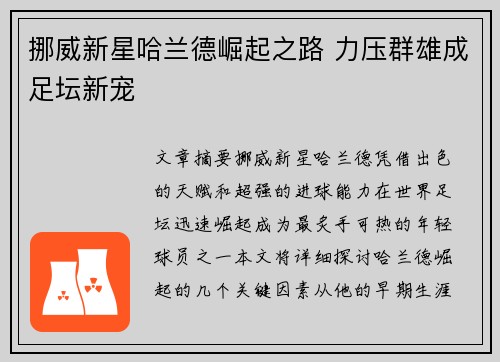 挪威新星哈兰德崛起之路 力压群雄成足坛新宠