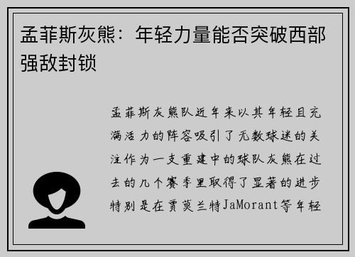 孟菲斯灰熊：年轻力量能否突破西部强敌封锁